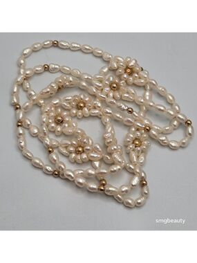 14 K Baroque Freshwater Pearl Necklace Gold Beads Floral Accents 34"